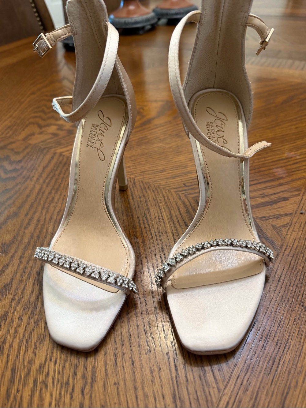 Jewel Badgley Mischka Champagne Satin Rhinestone Ankle-Strap Heels